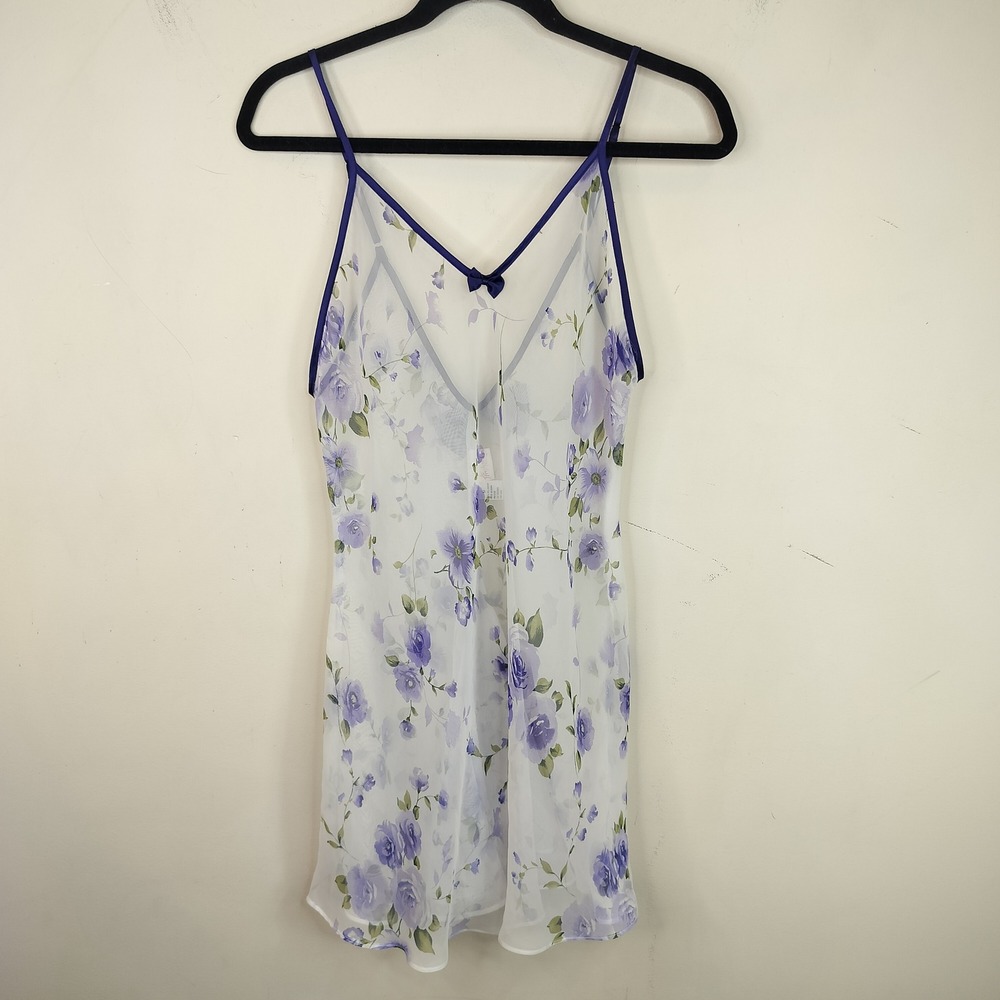 Frederick's of Hollywood Sheer Floral Slip Chemise Medium Womens Bow Purple Y2K